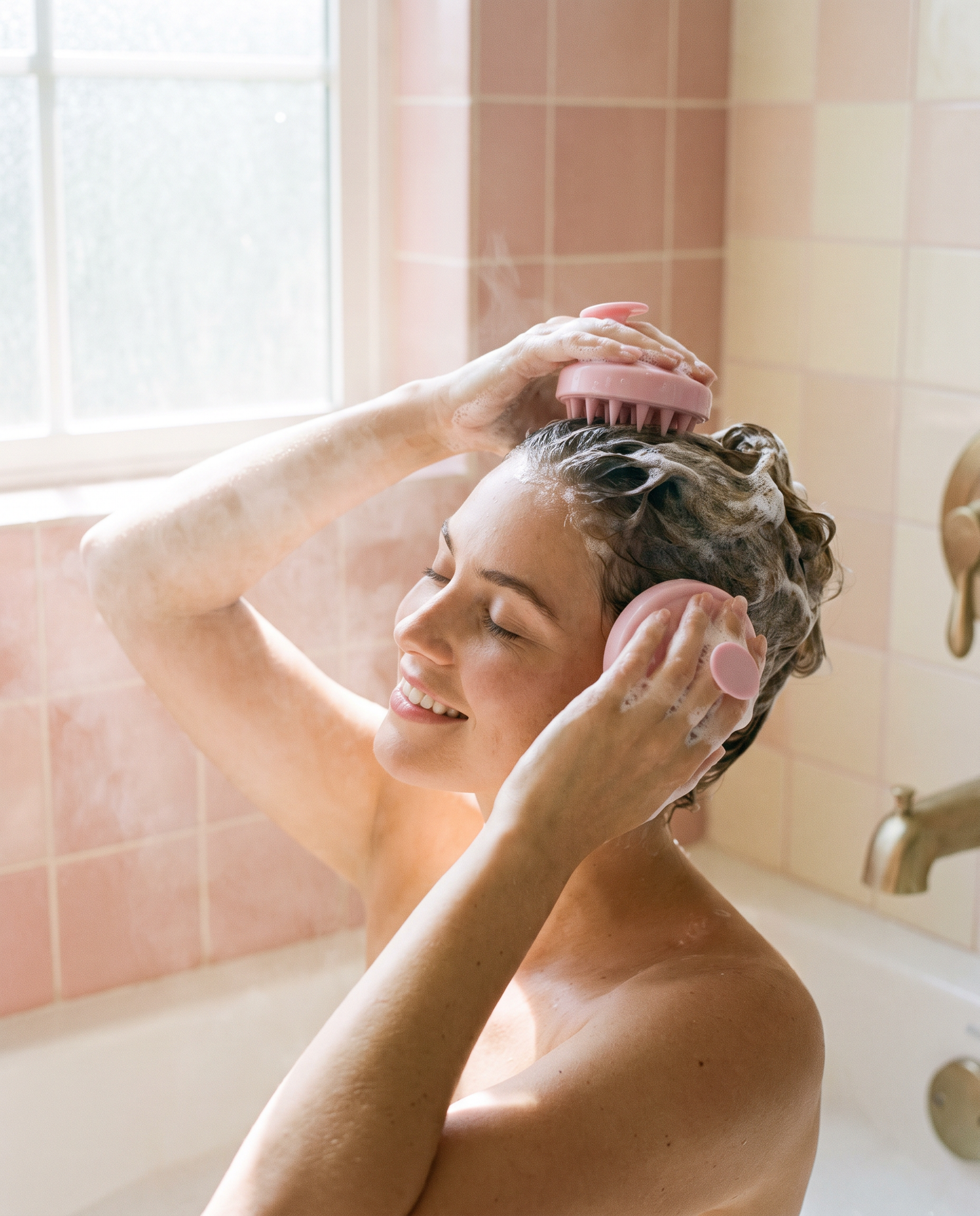 Scalp massage with silicone brush