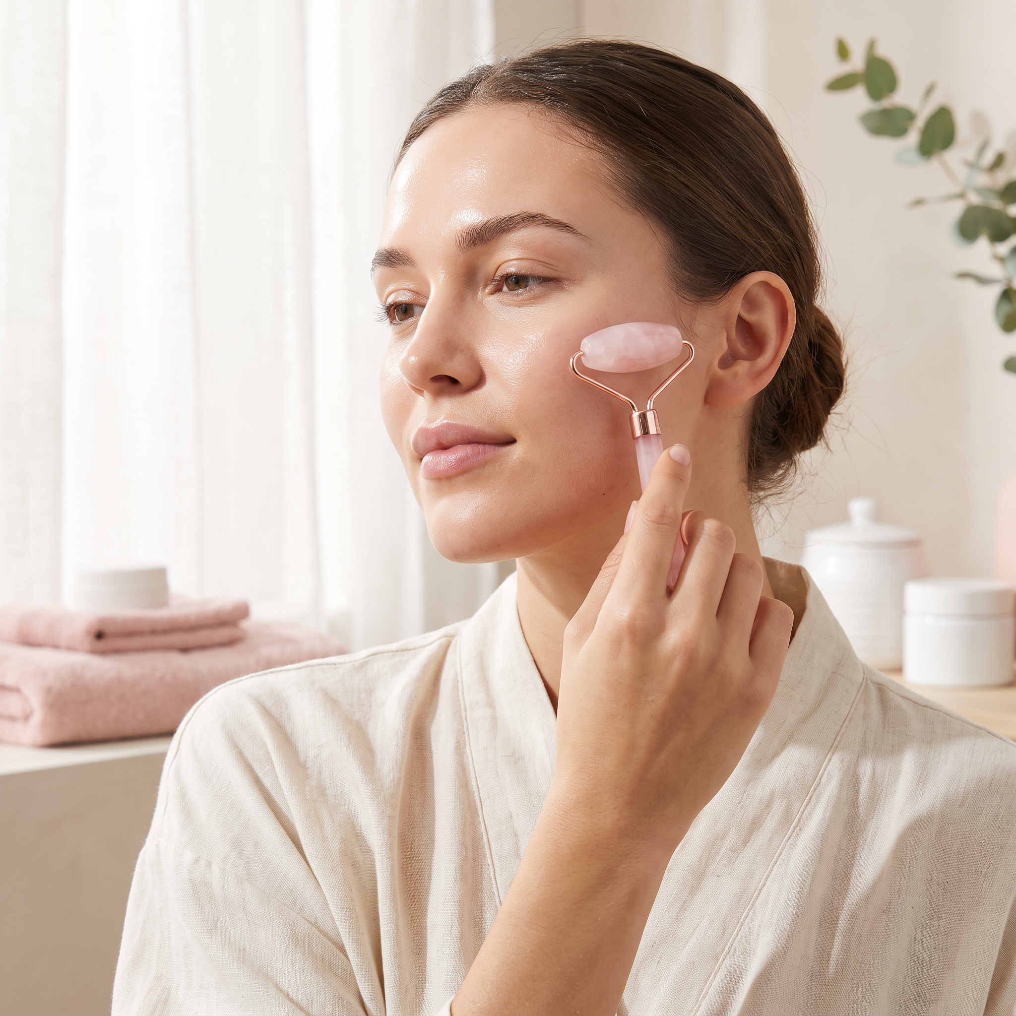 Woman using pink rose quartz face roller