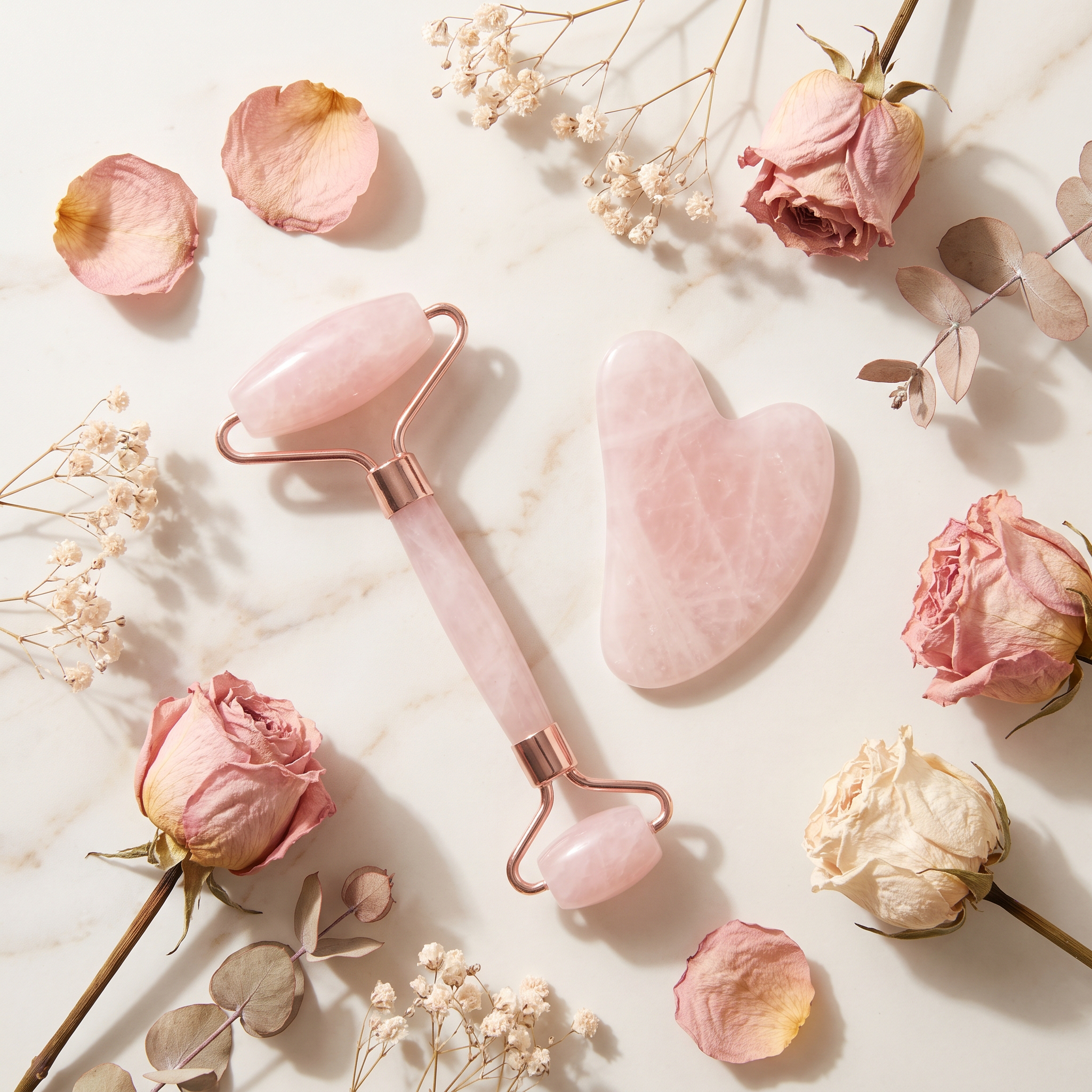 Rose quartz roller and gua sha flat lay