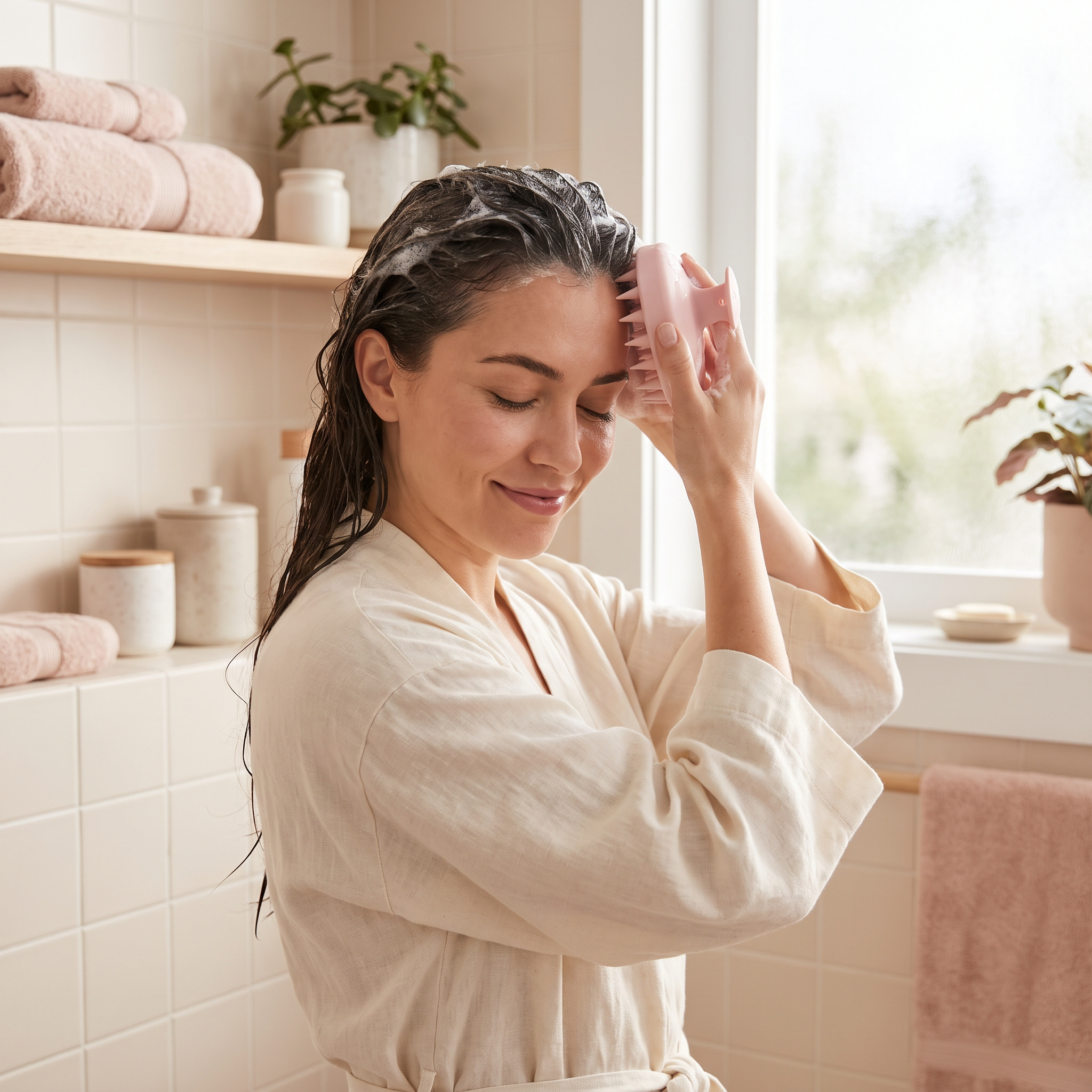 Woman massaging scalp with pink silicone brush