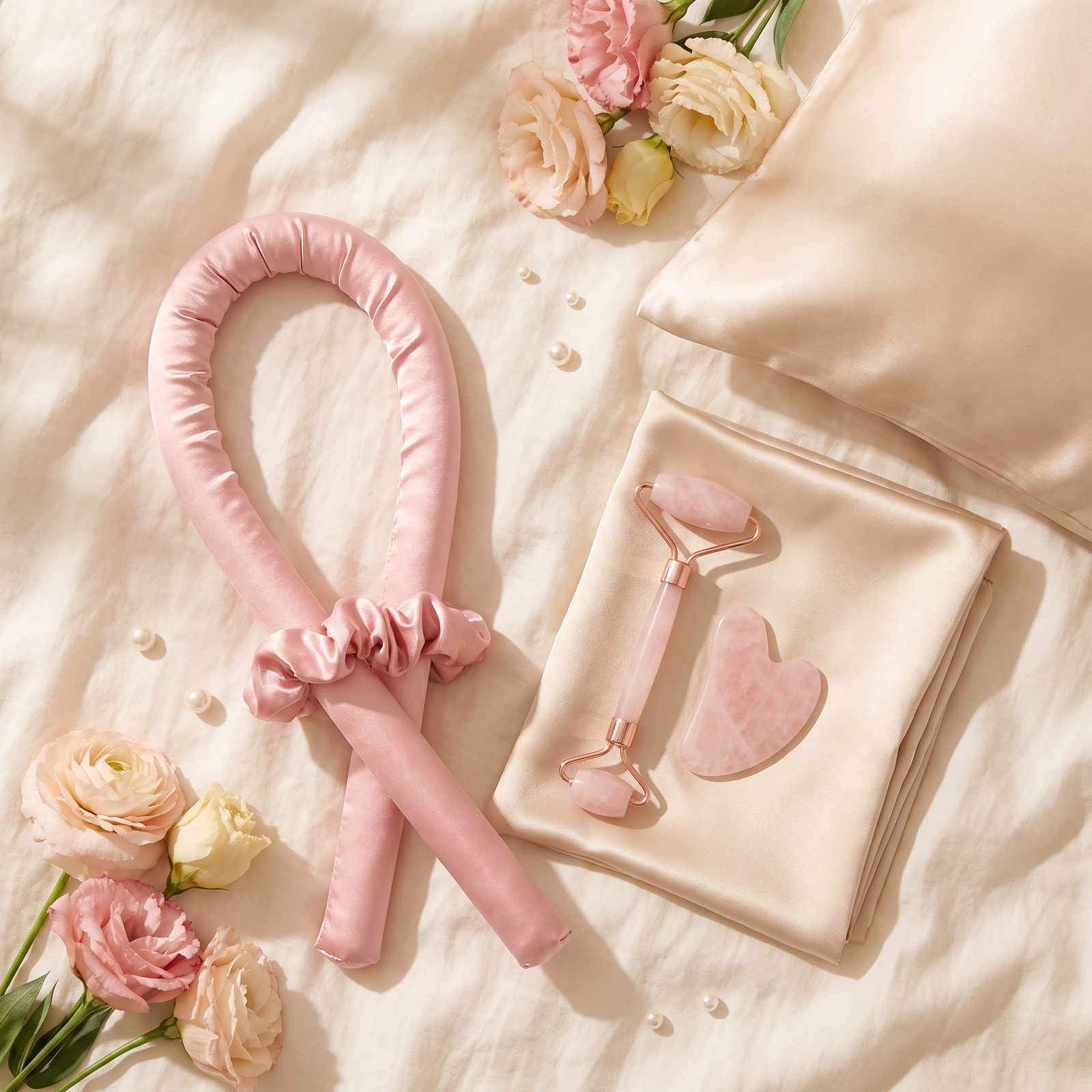 Revonae night ritual set flat lay with rose quartz roller
