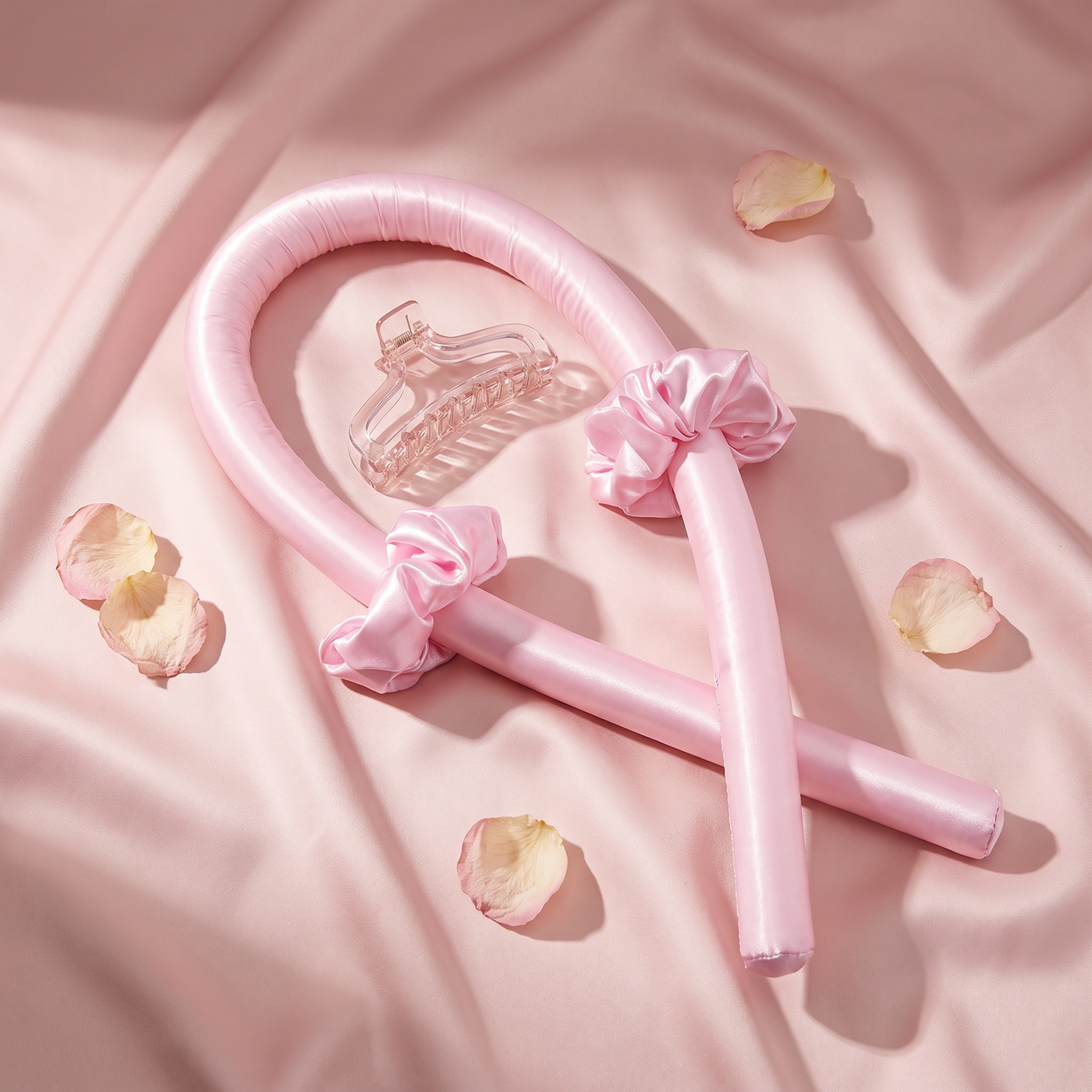 Revonae heatless curl kit satin curling rod and scrunchie on blush satin