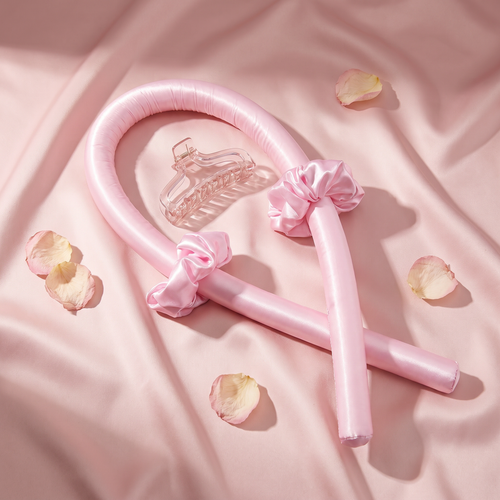 Revonae heatless curl kit satin curling rod and scrunchie on blush satin