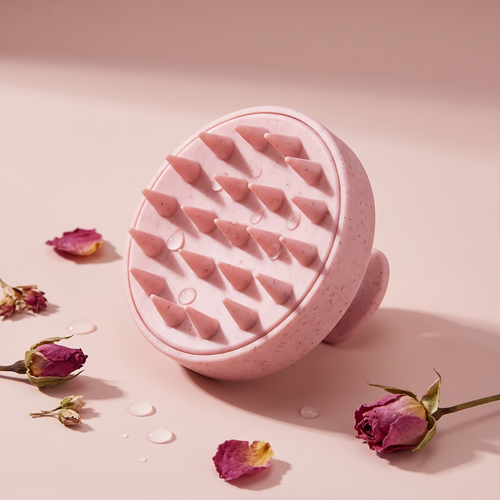 Revonae Scalp Revival Brush pink silicone massager with dried roses