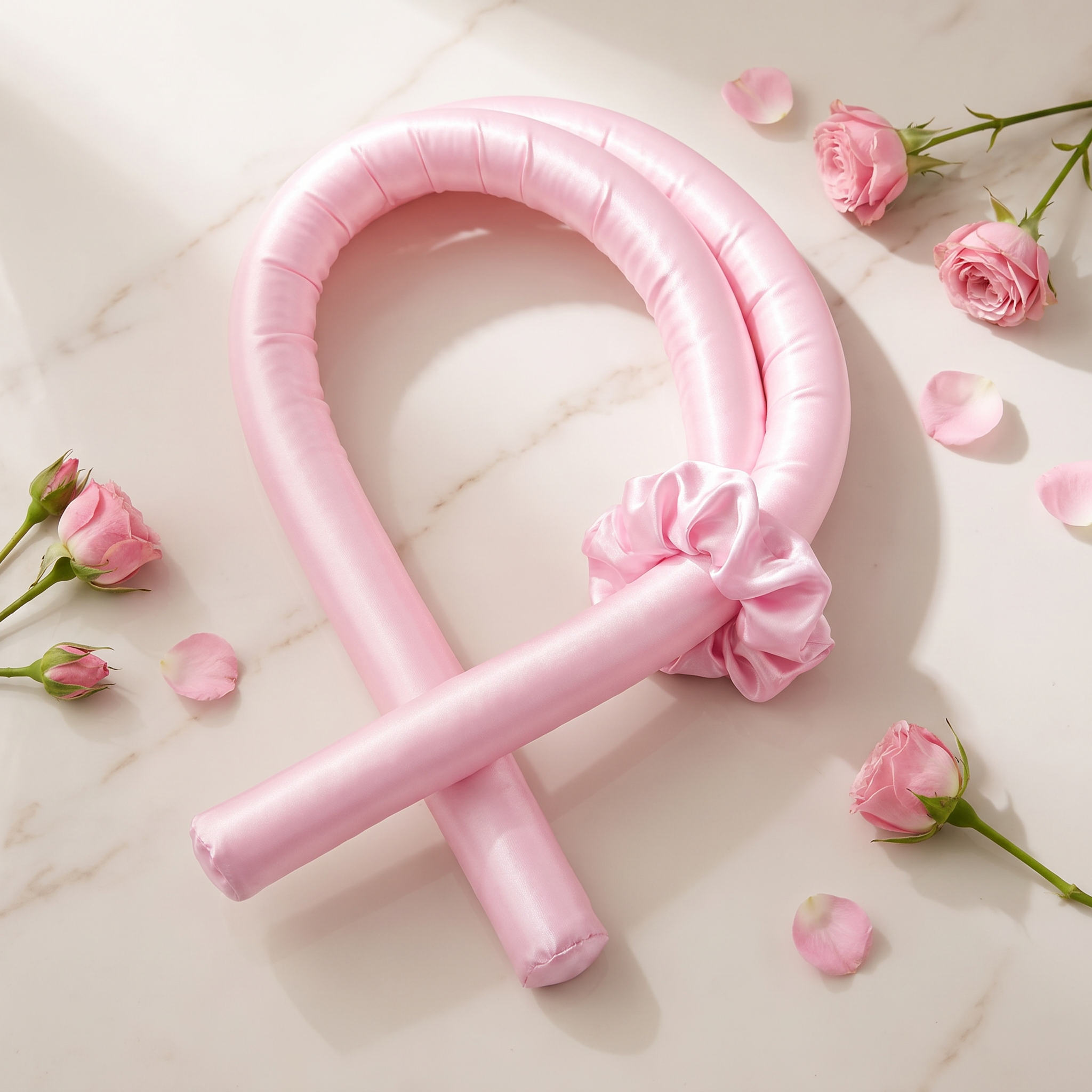 Revonae heatless curling rod coiled with satin scrunchie and pink roses on marble