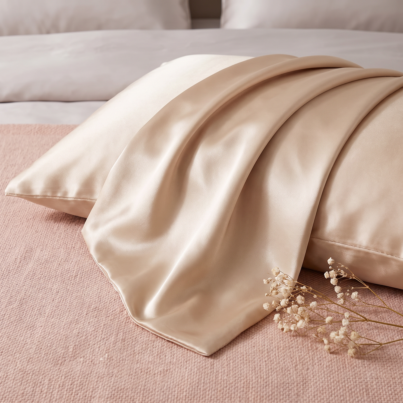 Revonae champagne satin pillowcase on a bed with dried baby's breath