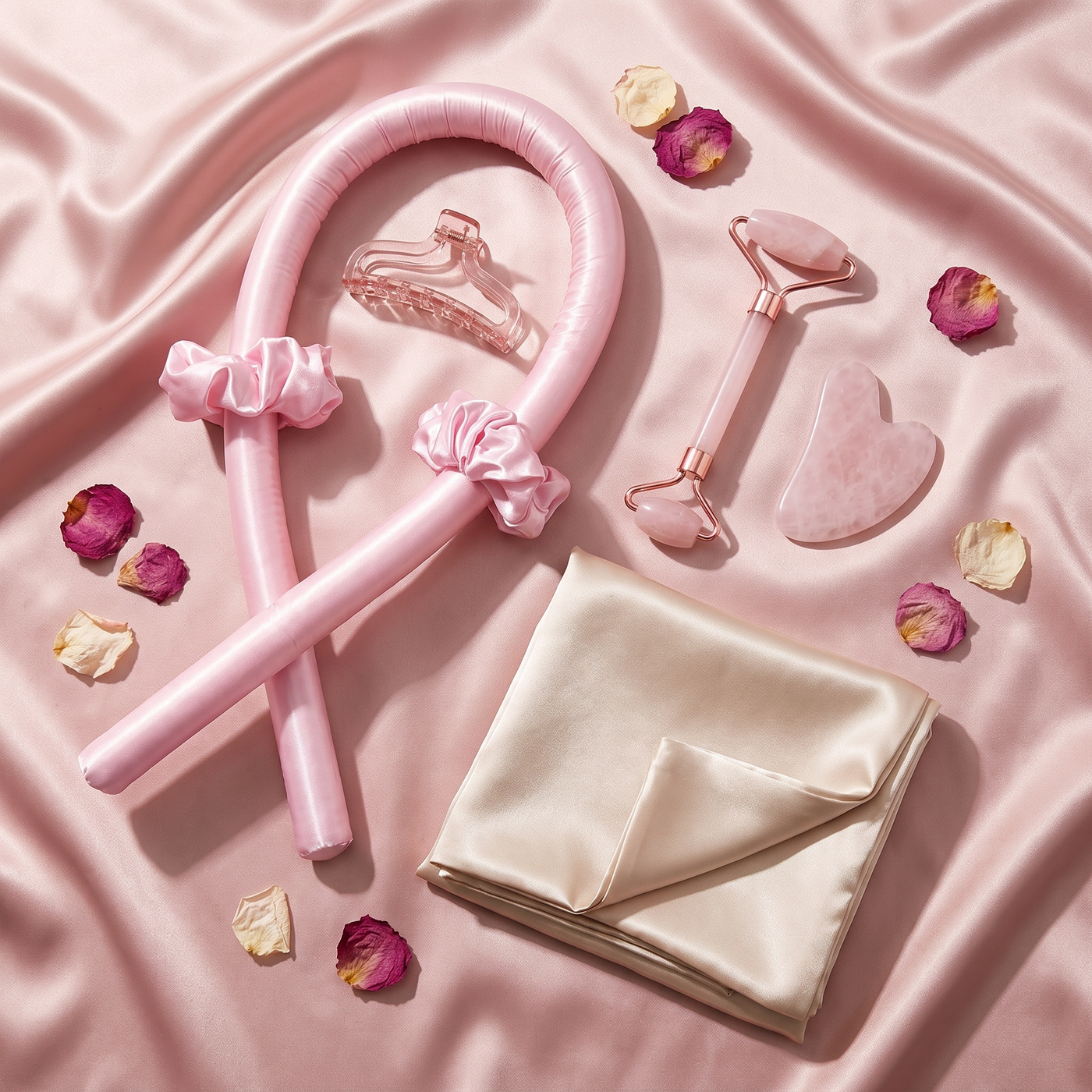 Revonae Night Ritual Set: heatless curl kit, rose quartz roller and satin pillowcase