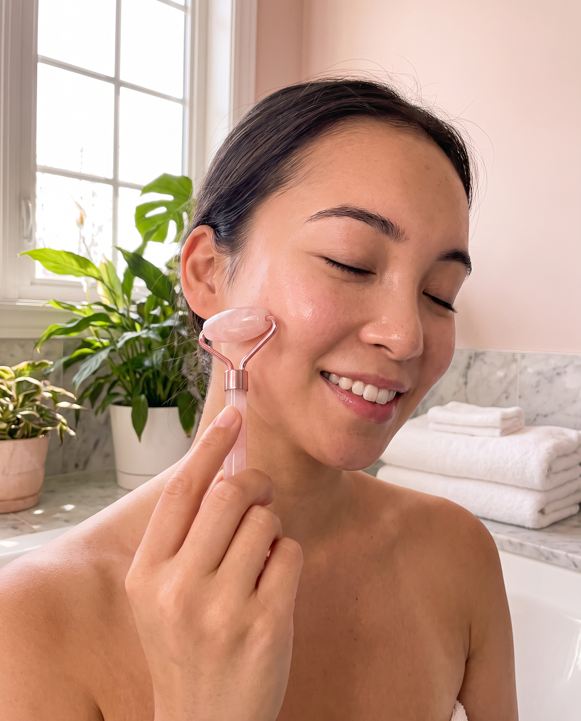 The result: glowing refreshed skin during a rose quartz roller ritual