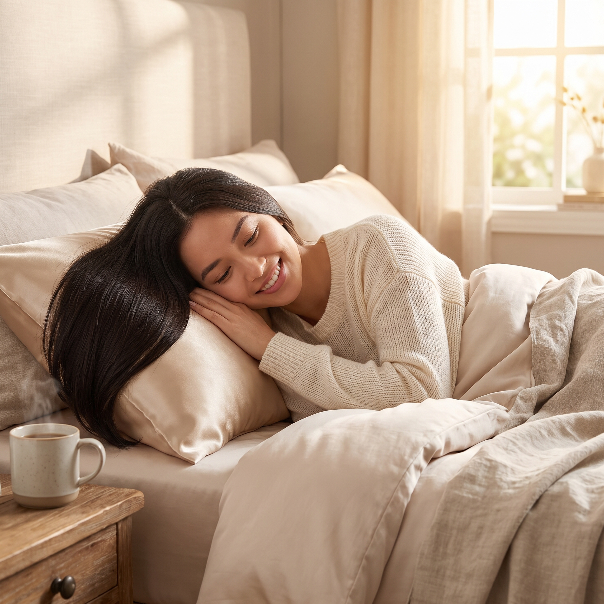 The result: waking up with smooth frizz-free hair on the Revonae satin pillowcase
